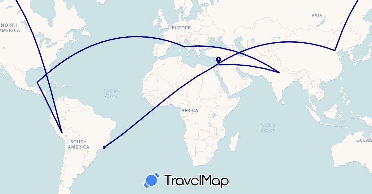TravelMap itinerary: driving in Brazil, China, Egypt, India, Italy, Jordan, Mexico, Peru (Africa, Asia, Europe, North America, South America)